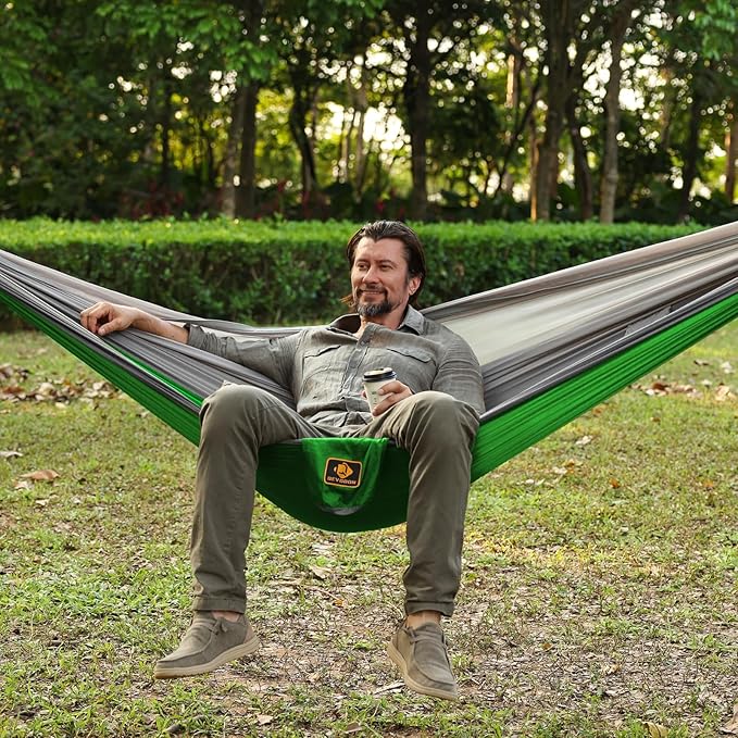 Camping Hammock, Portable Hammocks with Mosquito Net,Lightweight Nylon Parachute Hammock with 10ft Tree Straps,Camping Gear Must Haves for Travel Hiking Backpacking Beach Patio-Red&Grey