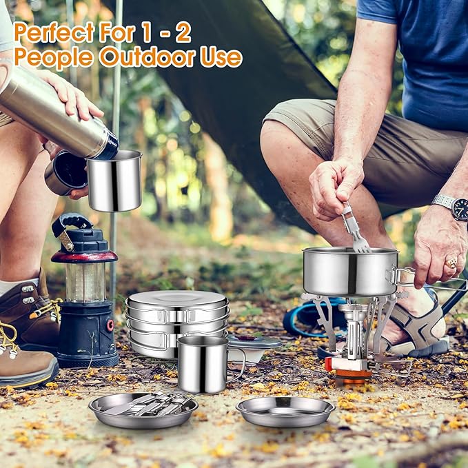 Funnymoom 15 Pcs Camp Cooking Set Stainless Steel Camping Cookware Mess Kit with Pot Pan and Stove 2 Set Stainless Steel Cups Plates Forks Knives Spoons for Camping Backpacking Outdoor Cooking Picnic