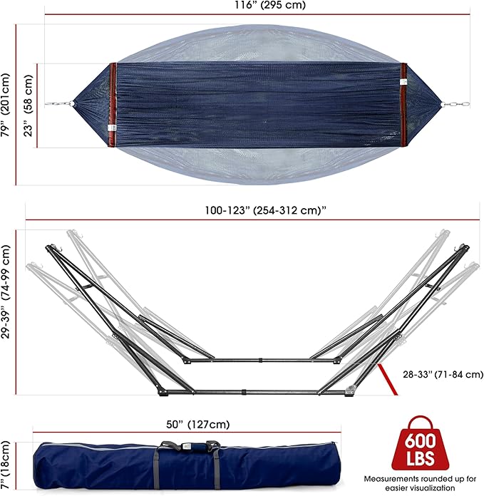 Tranquillo Adjustable Hammock Stand, Collapsible Camping Hammock with Stand, 600 lbs Capacity Steel Double Hammock Stand for 2 Persons, Premium Pre-Assembled Stand for Indoor Outdoor, Aegean