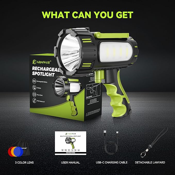 AlpsWolf Rechargeable Spotlight Flashlight, 100000 Lumen Super Bright Handheld Spotlight, IP68 Waterproof Searchlight with Foldable Stand & 3 Color Lens for Camping Hunting Emergency