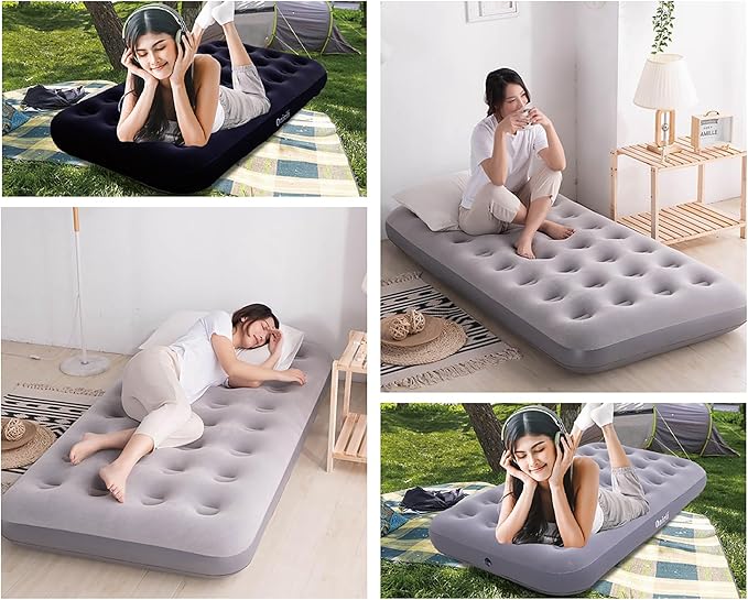 Onirii Twin Size Single Camping Air Mattress Bed with Air Pump,75"x 39"Thickened Portable Inflatable Mattress Blow Up Air Mattress,Travel Sleeping Bed Pad for Camping Home Hiking(Gray)
