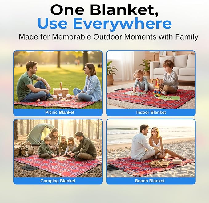 scuddles Extra Large Picnic Blanket – 59" x 53" Waterproof & Sandproof Outdoor Mat with Soft 3-Layer Comfort, Foldable Design & Carry Strap for Beach, Camping, Travel, Parks & Family Picnics