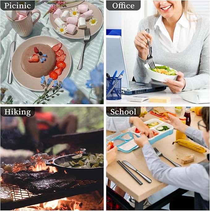 Travel Utensils with Case, Stainless Steel Camping Cutlery Set, Reinforced Case with Snap-Lock Closure, Include Fork Spoon Knife Chopsticks, Portable Lunch Box Silverware for Picnic Office, Black