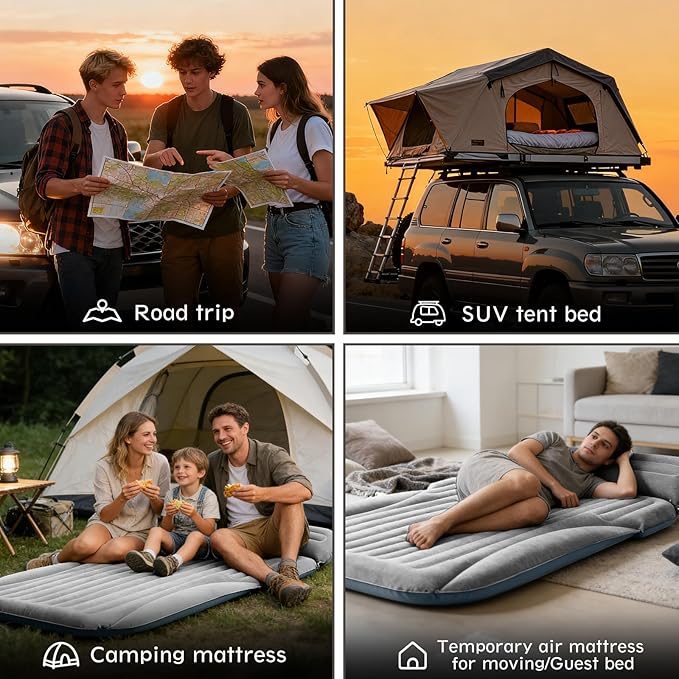 Ciremiv SUV Air Mattress, Double-Sided Thick Flocked Car Air Mattress with Built-in Pump & Pillow, Complete Sleeping Accessories for Auto Camping & Road Trips(Light Grey)