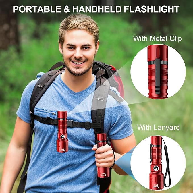 Banral Flashlights High Lumens Rechargeable, Super Bright Long Range Small Powerful Flashlight, 6 Modes LED Tactical Pocket Waterproof Flash Light for Home Emergency (1, Red)