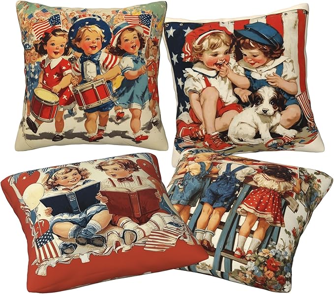 4th of July Patriotic Vintage Throw Pillow Covers 18 X 18 Inch Set of 4 Decorative Cushion Cover Home Decor for Sofa Chair Couch Bedroom Living Room