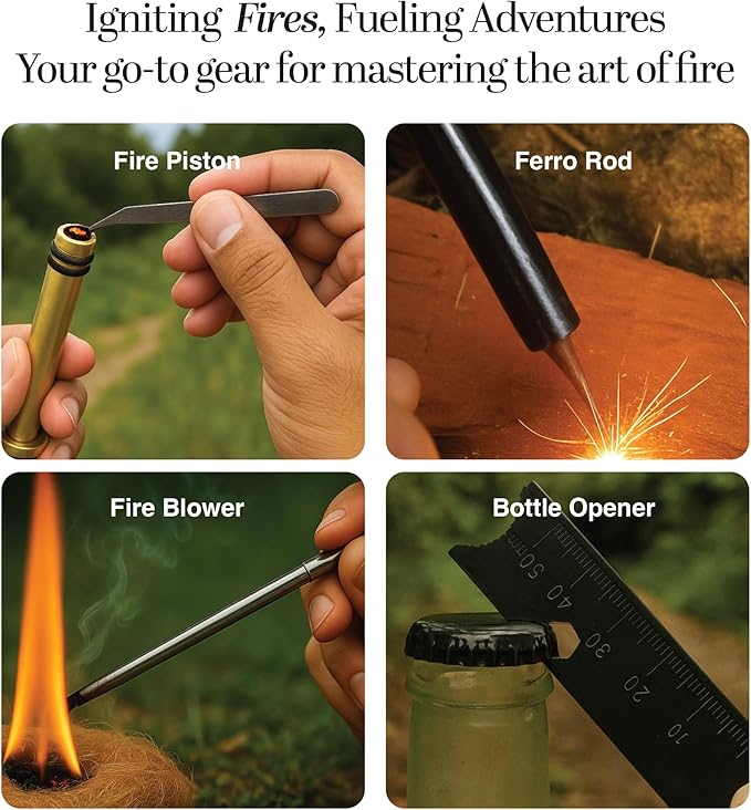Fire Piston - Ferro Rod - 2 in 1 - Fire Piston Fire Starter Kit - Fire Starters for Campfires - Compression fire Starter Piston - Survival Tool - Camping Gifts for Men