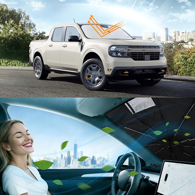 Windshield Sun Shade Umbrella Compatible with 2022 2023 2024 2025 2026 Ford Maverick Hybrid XL XLT Lariat Truck Accessories Protect Car from Sun Rays & Heat Damage