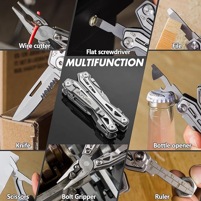 FLISSA 16-in-1 Stainless Steel Multi Tool, Gifts for Men, EDC Multitool with Pocket Knife, Pliers, Belt Clip and Oxford Sheath, Self-locking Utility Multi-Tool for Camping Survival Outdoor