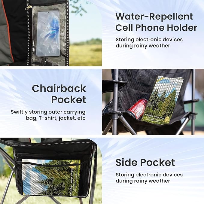 Oversized Camping Chair Heavy Duty- Portable Folding Chair, Cup Holder & Waterproof Phone Case for Adults, Beach, Hiking, Backyard (Black & Gray, 1 PCS)