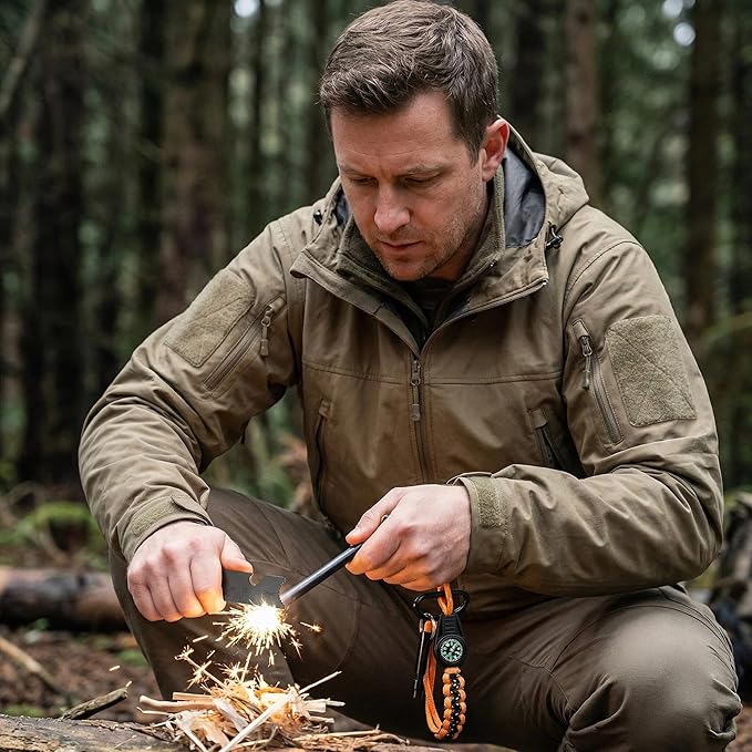 Ferro Rod Fire Starter with Compass, 3/8 Inch Thick Magnesium Ferrocerium Rod,Fire Starter Survival Tool with Multi-Tool Long Strikes, Flint Fire Starters for Camping & Hiking,Outdoor Emergency Kits.