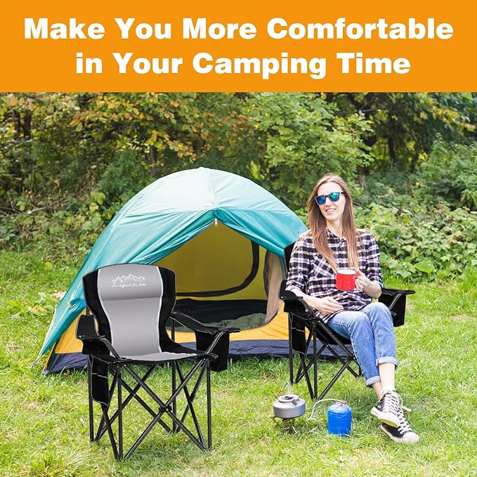 2PCS Folding Camping Chair Portable Outdoor Heavy Duty Padded Chairs Lawn Chair with Cup Holder, Storage Pocket and Cooler Bag, Supports 480LBS Black