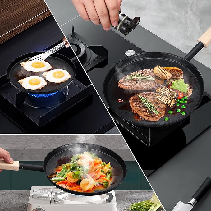 bodkar 8-inch Frying Pan Skillet Flat Crepe Pan, Lightweight Grill Pan with Wooden Handle for Camping Indoor Outdoor Cooking