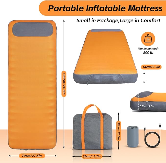 Sleeping Pad, 5.5" Thick Self Inflating Sleeping Pad with Electric Pump,4 Season Camping Mattress Pad with Built-in Pillow, Camping Essentials Gear for Hiking, Backpacking,Tent Use,Camping(Orange)