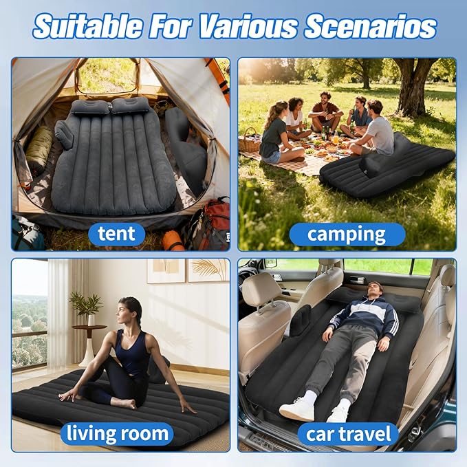 Onirii Inflatable Car Air Mattress Back Seat Bed with Air Pump,53 "x 32.6" Portable Thickened Car Travel Camping Sleeping Air Mattress Blow Up Bed for Car Universal SUV