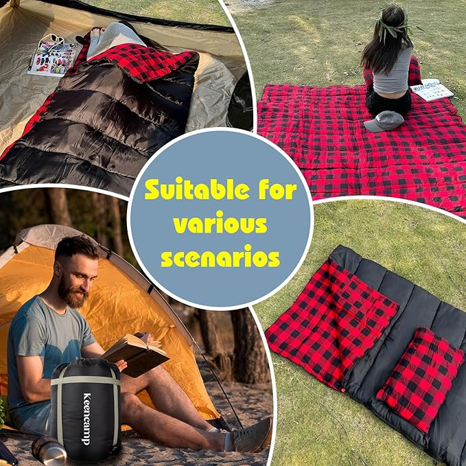 Keencamp 0 Degree Sleeping Bag Cotton Flannel Winter Cold Weather for Adults XXL Sleeping Bag 4 Season Big and Tall with Pillow Compression Sack