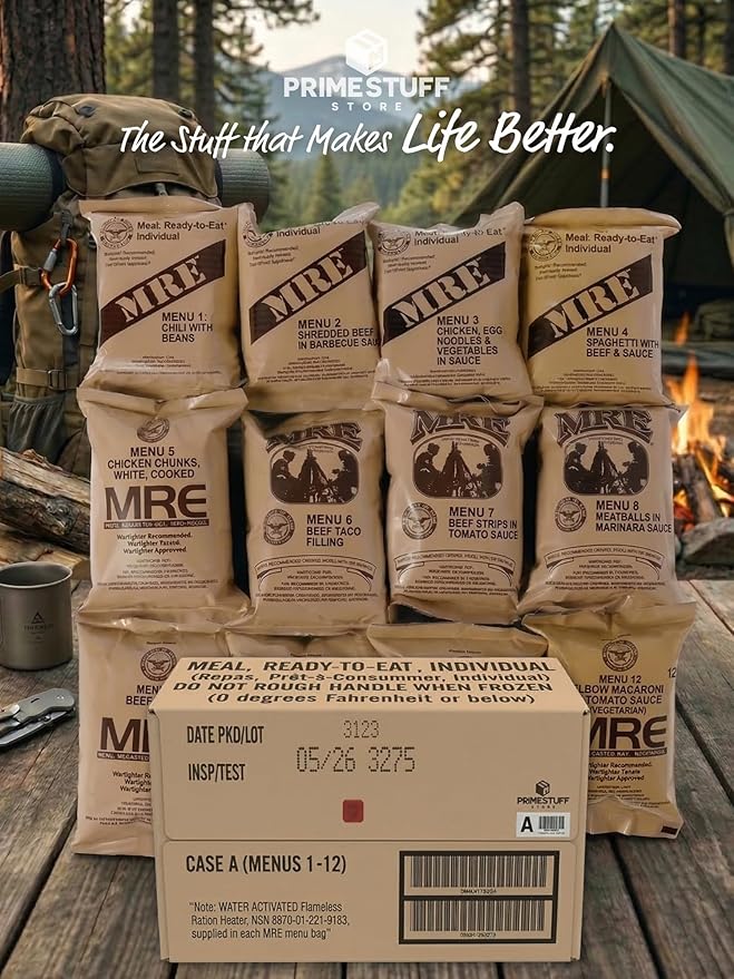 MRE Meals Ready to Eat – Military Survival Food Kit for Camping, Hiking, Hunting, Fishing, Outdoor Adventure & Emergency Preparedness – Complete Meal Rations with Flameless Heater, Long Shelf Life (Inspection Date 2026), Random Menu 3 Packs