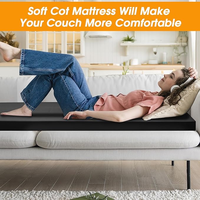 CYMULA Camping Cot Mattress 2in Memory Foam Sleeping Pad,Soft Warm Non-Slip Camping Mattress Topper with Retaining for Adults,Portable Roll up Pad for Travel(only Mattress)