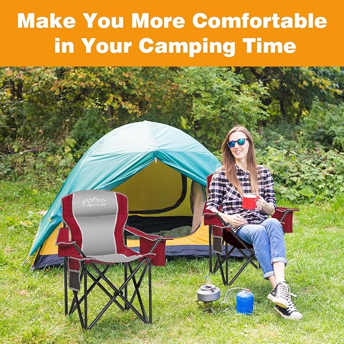 2PCS Folding Camping Chair Portable Outdoor Heavy Duty Padded Chairs Lawn Chair with Cup Holder, Storage Pocket and Cooler Bag, Supports 480LBS Red