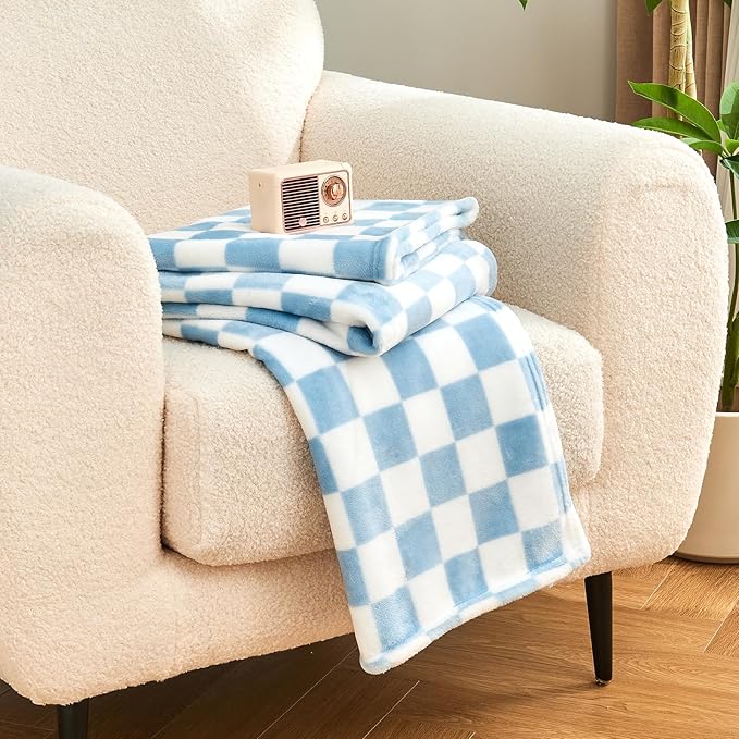 Edenleaf Checkered Blanket Flannel Throw Blankets Soft Cozy Checkered Grid Print Chessboard Gingham Pattern Throws for Bed Sofa Couch for All Seasons, 50x60 Inch, Blue