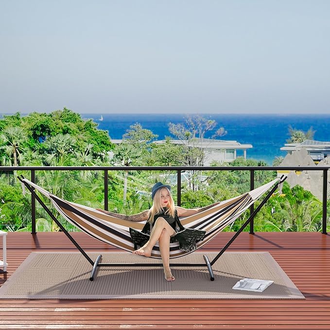 Double Hammock with Steel Stand - 2 Person Hammock Bed Indoor Outdoor, Brazilian-Style, with Carry Bag, 450lb Capacity, Portable & Easy Assembly, Coffee
