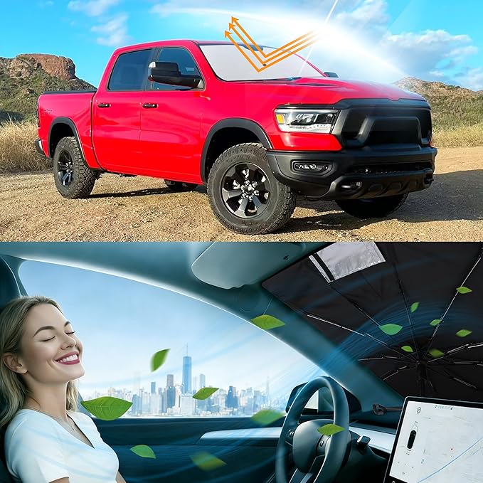 Windshield Sun Shade Umbrella for 2019-2026 Dodge RAM 1500 Accessories CrewCab,MegaCab Pickup,2Dr RegularCab,4Dr QuadCab Custom Fit Foldable Sunshade