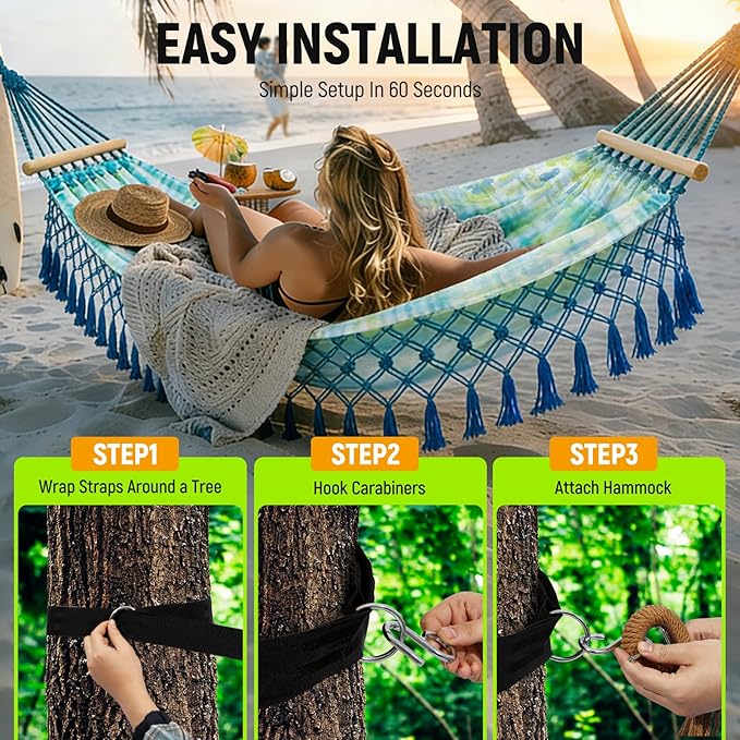 Portable Hammock, Bohemian Hammock,2person Hammock,for Suitable,Patio,Beach,Backyard,Garden,(Cyan 79 * 59