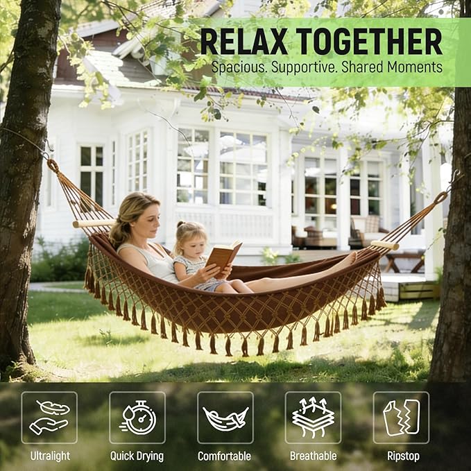 Portable Hammock,Bohemian Hammock,Rope Hammock,Suitable,Yard, Beach, Backyard,Garden (Khaki) 79 * 39