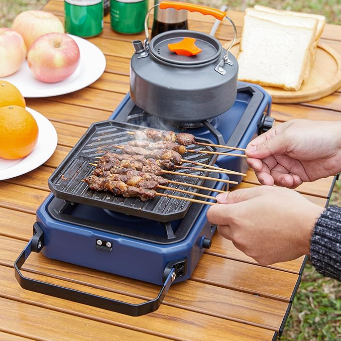Upgraded WINKIZA 2 Burner Propane Camping Stove with Grill, Foldable Camp Stove with 16,000 BTU, Two Adjustable Burners with Piezo Ignition & Easy Carrying Handle, Portable Stove for Camping, BBQ