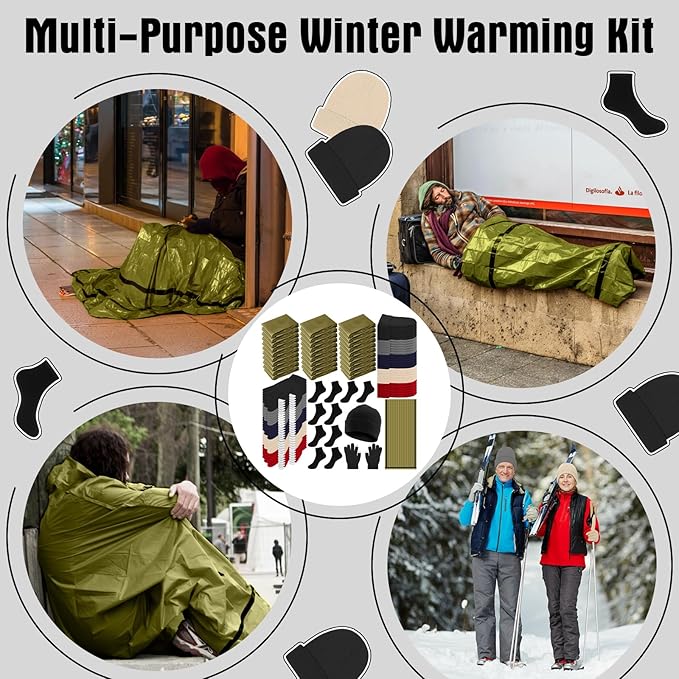 Chicingyou 120 Pcs Homeless Care Package Supplies Bulk Winter Emergency Thermal Blankets Warmer Beanie Socks Touchscreen Gloves for Men Women Cold Weather Outdoor Survival Kits(Green,Multicolor)