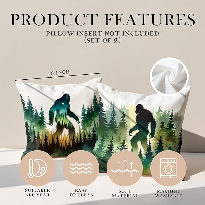 Funny Bigfoot Sasquatch Forest Throw Pillow Covers 18x18 Set of 2,Camper Decor Pillowcase,Big Foot Sasquatch Gifts,Camping Camper Bigfoot Gifts for Women(90)