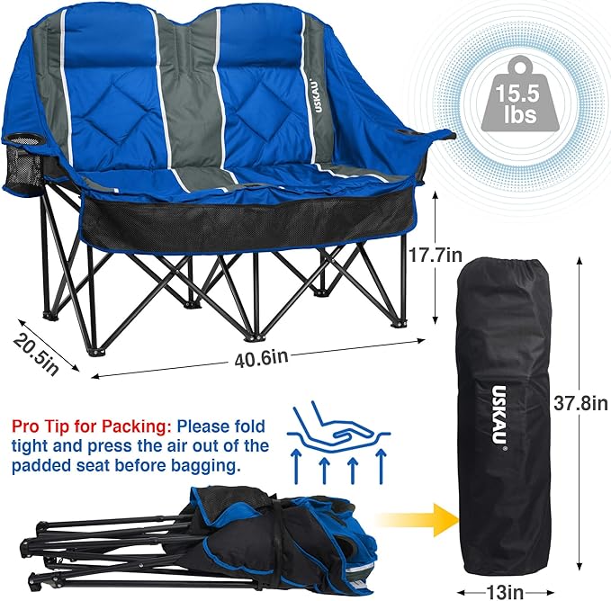 Oversized Double Camping Chair - 2 Person Folding Loveseat for Campfire Snuggle Freedom, Heavy Duty 660LBS Support with Frustration-Free Oversized Carry Bag, Perfect for Couples, Dogs & Sports