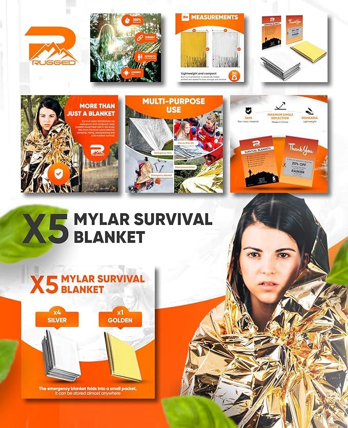 Survival Blankets - Waterproof & Windproof Emergency Cover, Reflective Exterior - Helps Retain Body Heat - 12 Microns, Compact & Lightweight - 5-Pack, 4 Silver, 1 Gold - 52x82”, 2oz