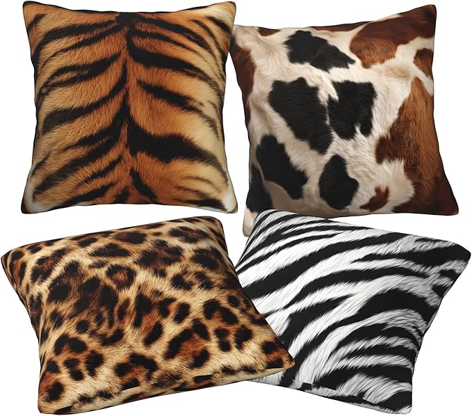Animal Print Throw Pillow Covers 18 X 18 Inch Set of 4 Decorative Cushion Cover Home Decor for Sofa Chair Couch Bedroom Living Room
