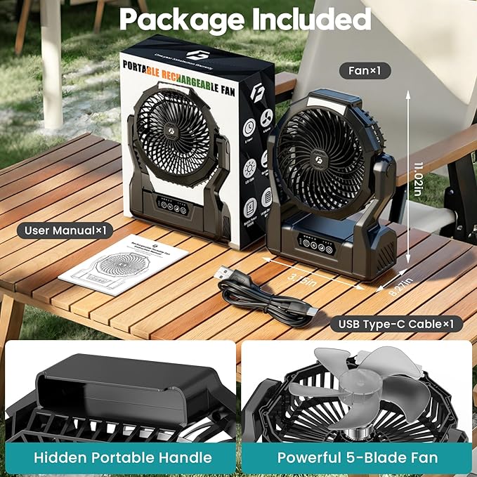 Fentara1 20000mAh Camping Fan with 64H Runtime, Rechargeable Battery Powered Portable Fan with LED Light, Quiet Travel Tent Fan for Camping, Hurricane, Fishing, Indoor Outdoor, Gifts for Men