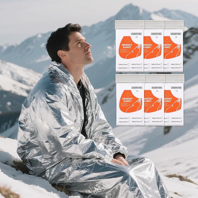 6 Pack Emergency Thermal Blankets for Survival, 82.67βx62.99β Extra Large Mylar Space Blankets, Waterproof & Windproof for Outdoor Camping, Hiking, Survival Kit, First Aid, Car Emergency