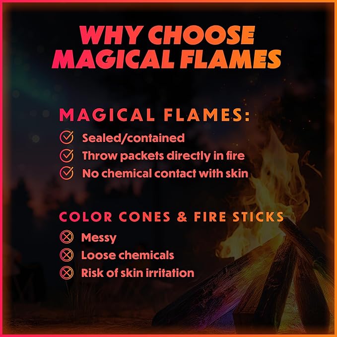 Magical Flames Fire Color Packets (12 Pack), Vibrant Multi-Color Fire for Fire Pits, Campfires, Bonfires & Fireplaces - Camping Essentials & Outdoor Party Accessories