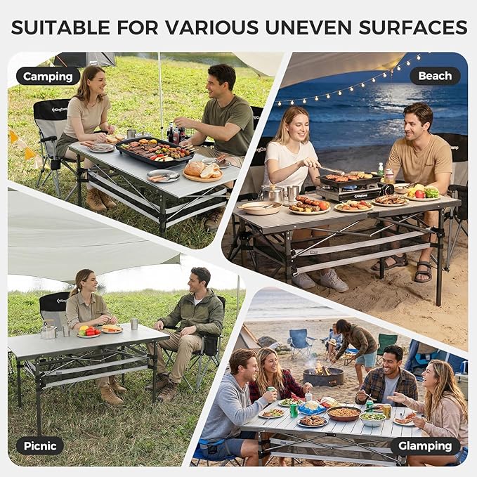 KingCamp Folding Camping Table, Aluminum Roll-Up Camp Table, Large Foldable Table for 4-6 Person, Outdoor Portable Tables with Carry Bag, 180 LBS Heavy Duty Load (Silver+Mesh:53.5" × 27.5")