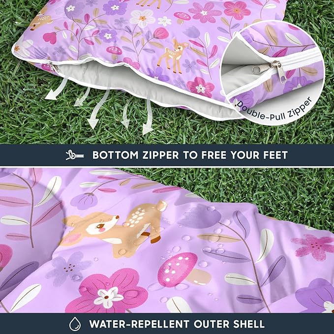 Wake In Cloud - Kids Sleeping Bag for Girls Toddlers, Camping in Warm Cold Weather, Backpacking Lightweight Compact Outdoor Liner for 3 Seasons, Deer Floral Garden