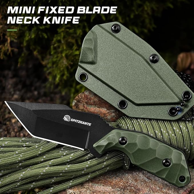 Neck Knife with Sheath and Necklace X-TAN-K, Full Tang Tanto Knife with 5Cr14MoV Steel Blade and Green ABS Handle, Horizontal Carry Knives