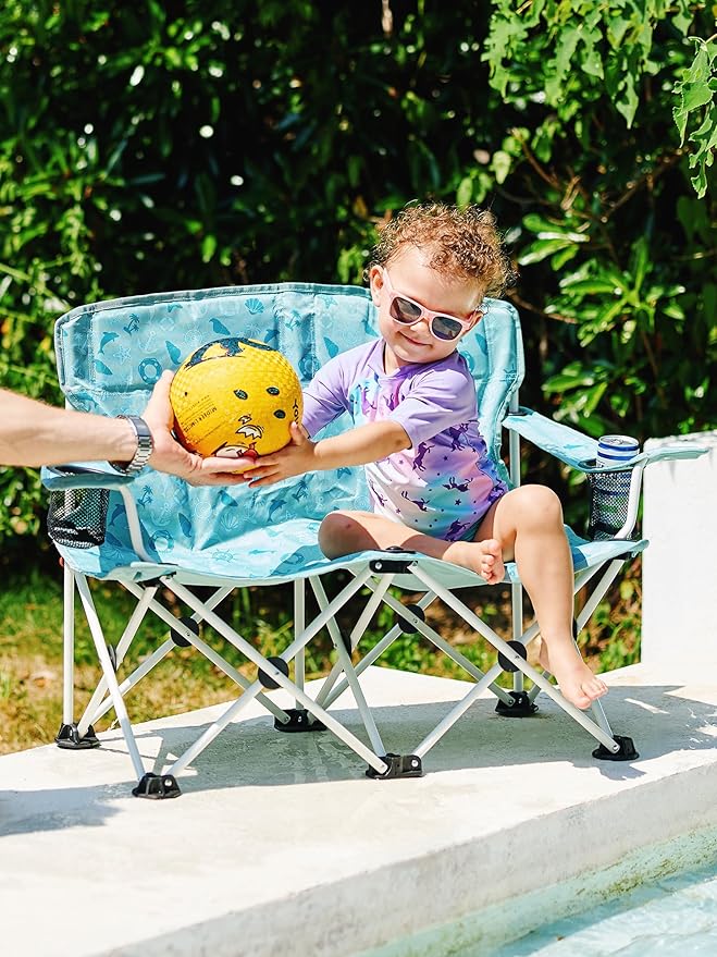 EVER ADVANCED Kids Double Camping Chair, Foldable Loveseat for Siblings & Twins with Cup Holders, Padded Kid Chair with Mesh Pocket, Portable Outdoor Sofa for Beach, Playroom, Supports 300lbs, Green