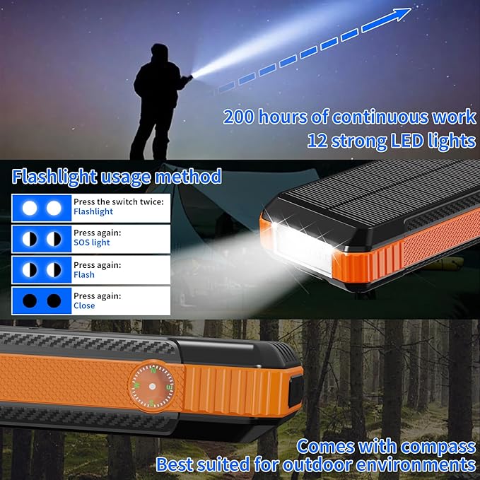 Solar Charger Power Bank 49800mAh, Portable Phone wireless Charging Built-in 4 Cables 22.5W Fast Charging,Type-C input/Output Port Solar Panel Charger with Flashlights&Compass for Camping(Orange)
