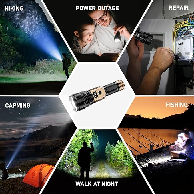 Flashlights High Lumens Rechargeable, 100,000LM LED Super Bright Flash Light, Zoomable Linternas with LCD Digital Display, 5 Mode, Waterproof, Powerful Tactical Flashlight for Emergencies Camping Gift