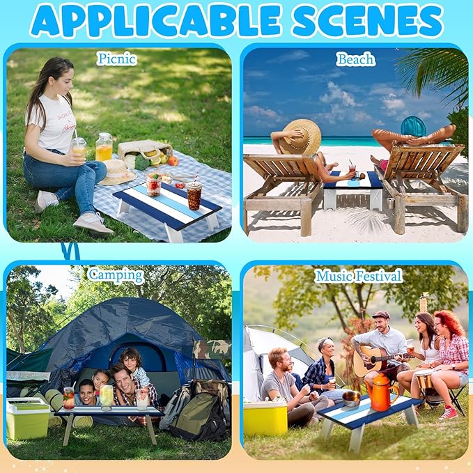 CroBlissful Beach Table Folding Camping Portable Table Striped White Aluminum Side with Carry Bag for Camping Picnics and Outdoor Activities(16x11x5 in,Navy Blue)