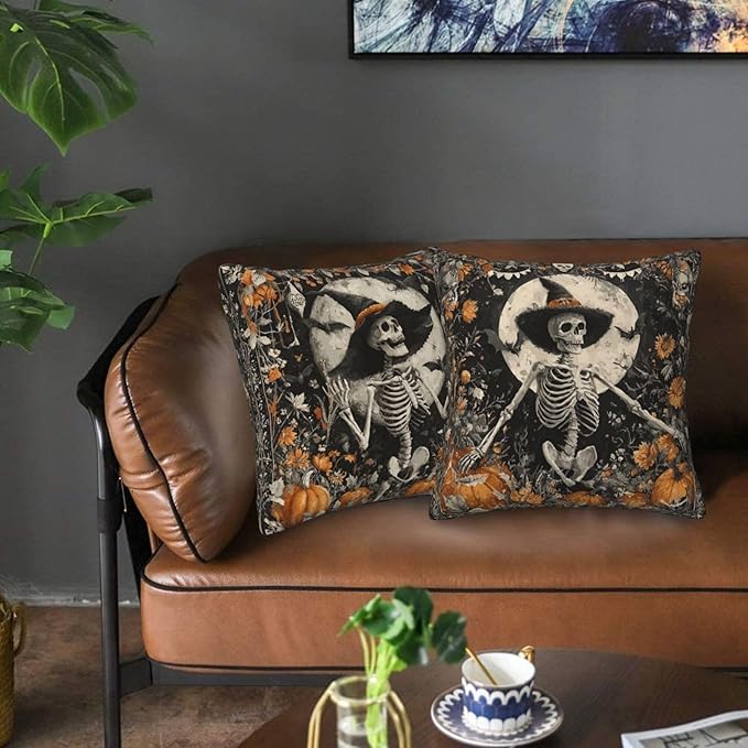 Skull Moon Throw Pillow Covers 18x18 inch Set of 2 Halloween Pillow Case Cushion Cover for Home Sofa Couch Living Room Car Decor