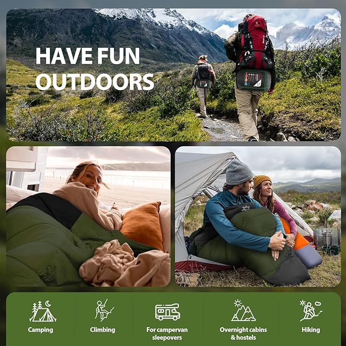 Lightweight 3-Season Sleeping Bag for Adults/Kids Camping, Compact w/Compression Sack, Waterproof Ripstop, Portable for Backpacking Hiking Travel