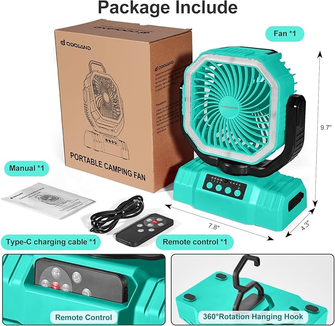 Odoland Portable Camping Fan with LED Lantern, 20000mAh Rechargeable Battery Powered Fan with Auto Oscillation, Timer, Remote, 360° Rotation Hook, 4 Speeds for Power Outage Travel Home,Cayan