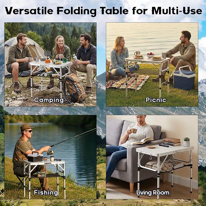 YihuiKo Folding Camping Table, Aluminum 24" x 16" Adjustable Height Max 27.5" with Carrying Handle, Lightweight, Portable Camping Table for Outdoor Indoor Picnic Beach, Silver