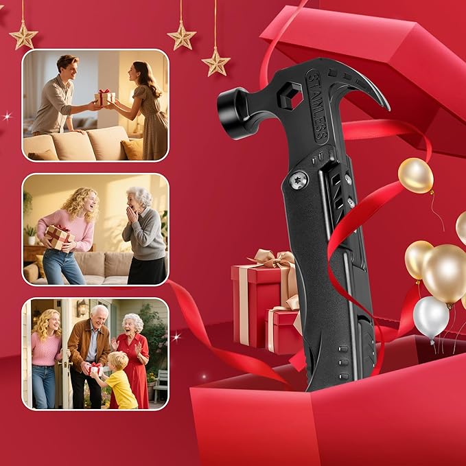 Multitool Hammer, 12-in-1 Multi Tool Gifts for Men, Dad Gifts, Husband Christmas Stocking Stuffers, Camping Tool with Knife, Screwdrivers, Bottle Opener, Multitool for Survival & DIY Projects