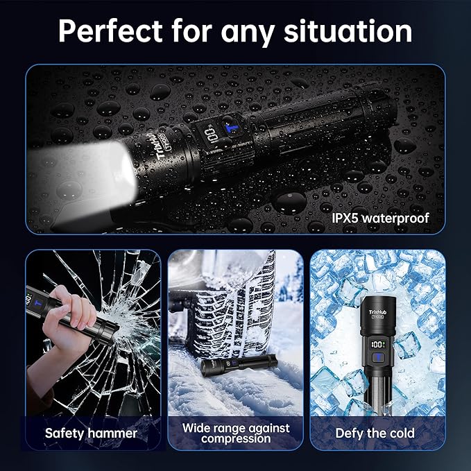 TrixHub Rechargeable Flashlights High Lumens, 5Mode Flash Light with LCD Digital Display, Super Bright Flashlight Adjustable Tactical Flashlight, High Powered LED Handheld Flashlight for Home